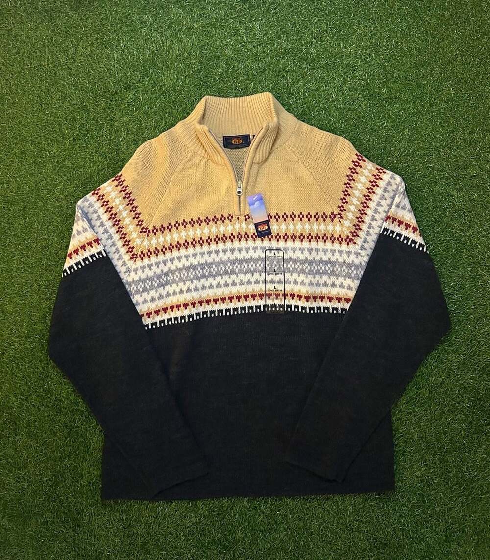 Y2K Route 66 Fair Isle Quarter Zip Sweater Size Large Tan Black Acrylic Wool
